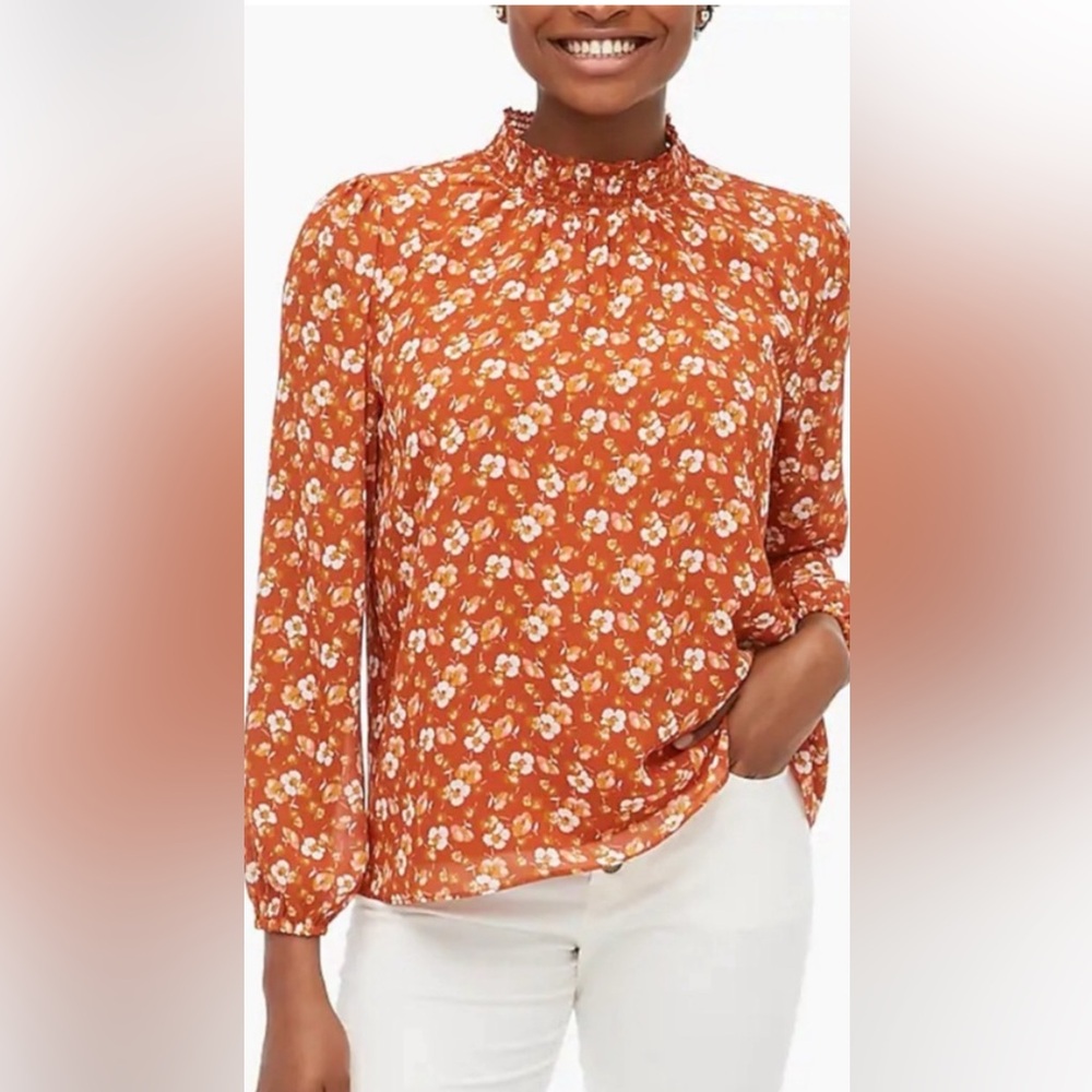 J. Crew Rust Orange Floral Smocked Ruffle Neck Blouse L